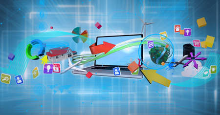 Composition of digital icona dna data processing over laptop. global connections, technology and...