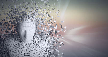 Composition of exploding human bust formed with particles over glowing light trails. global connections, technology and digital interface concept digitally generated image.の写真素材