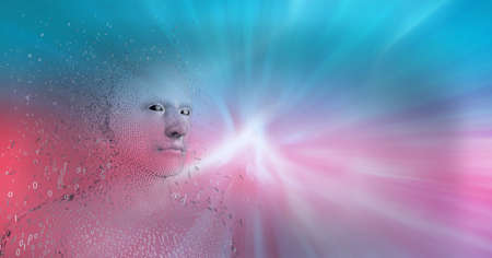 Composition of exploding human bust formed with binary coding over light trails. global connections,...