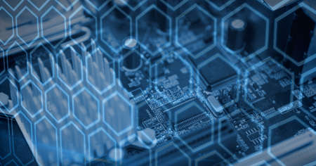 Composition of hexagons over computer processor circuit board server. global connections, technology...