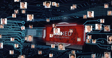Composition of network of connections with icons over screen and computer circuit board. global...