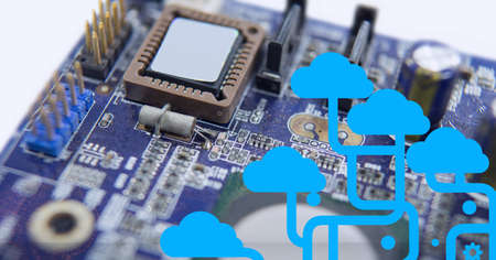 Composition of network of cloud digital icons and computer circuit board. global online identity,...