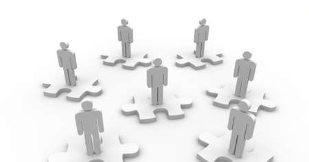 Composition of people silhouettes on jigsaw puzzle pieces on white background. global online identity, data processing, technology and digital interface concept digitally generated imageの写真素材