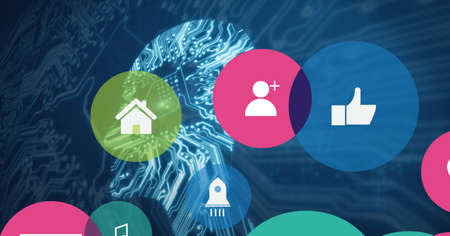 Composition of network of digital icons and computer circuit board. global online identity, data...