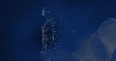 Composition of exploding human body formed with particles and network of connections. global...