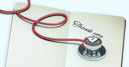 Composition of thank you text on notebook with stethoscope. medicine, healthcare services and gratitude concept digitally generated image.の写真素材