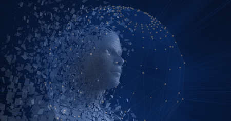 Composition of exploding human bust formed with particles over globe of network of connections....