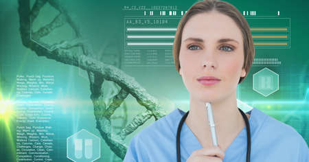 Composition of female doctor with dna strand and medical data processing. global medicine, health...