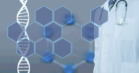 Composition of dna strand and network of hexagons over male doctor. medicine, science and research concept digitally generated image.の写真素材