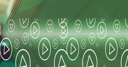Composition of white play buttons over green background. global music and technology concept...