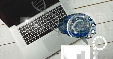 Composition of human brain and medical data processing over desk with laptop computer. global...