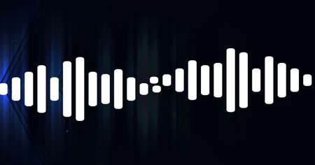 Composition of white graphic music equalizer over gradient purple light trails background. global...