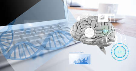 Composition of human brain and medical data processing over desk with laptop computer. global...