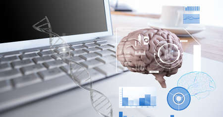 Composition of human brain and medical data processing over desk with laptop computer. global...