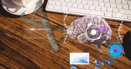 Composition of human brain and medical data processing over desk with keyboard and cup. global...