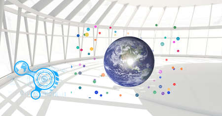 Composition of network of connections with icons over globe in modern office. global connections and...