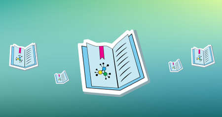 Composition of open science books floating on soft blended blue to yellow background. school,...