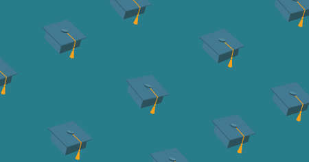 Composition of mortarboards floating on mid blue background. school, education and study concept digitally generated image.の写真素材