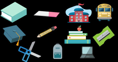Composition of colored school related icons on black background. school, education and study concept...