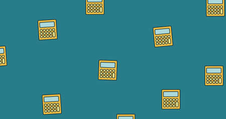 Composition of orange calculators floating on mid blue background. school, education and study concept digitally generated image.の写真素材