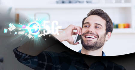 5g text and digital icons over man talking on smartphone against grey technology background. global networking and technology conceptの写真素材