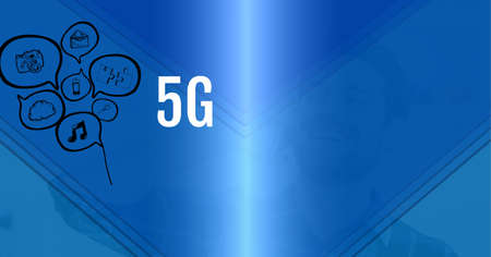 5g text and digital icons over man talking on smartphone against grey technology background. global networking and technology conceptの写真素材