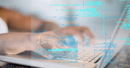 Digital data processing against mid section of person using laptop. computer interface and business...