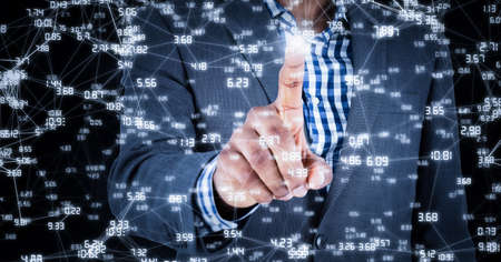 Network of connections against mid section of businessman touching invisible screen. global...