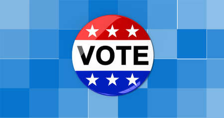 Composition of vote text on badge with american flag on pixelated background. patriotism, elections, independence and celebration concept digitally generated image.の写真素材