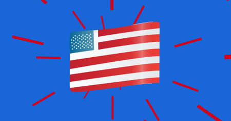 Composition of american flag with red rays on blue background. patriotism, independence and...