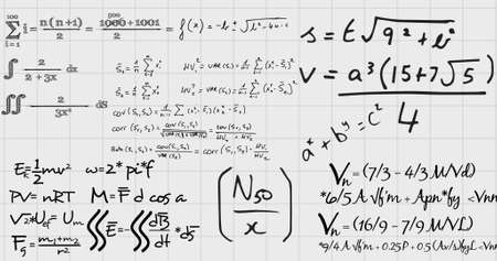 Composition of square ruled page of school notebook with handwritten maths equations. school,...