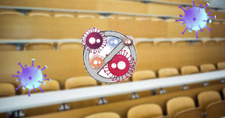 Composition of covid viruses and no entry sign over school classroom. school, education and study...