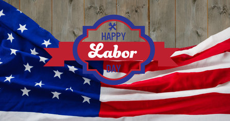 Happy labor day text over american flag against wooden background. american labor day template background design conceptの写真素材