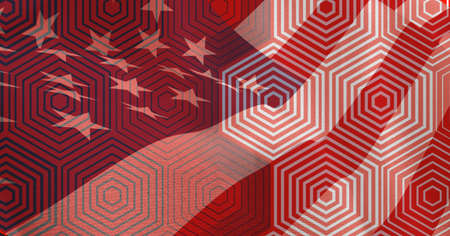 Composition of american flag billowing over geometric red and white pattern. patriotism, independence and celebration concept digitally generated image.の写真素材