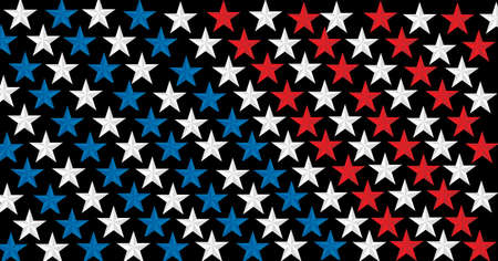 Composition of diagonal alternating stripes of blue, white and red stars on black background. patriotism, independence and celebration concept digitally generated image.の写真素材