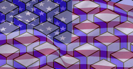 Composition of purple and white cubes over american flag. patriotism, independence and celebration concept digitally generated image.の写真素材