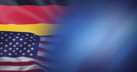 Composition of german and american flag billowing together, with blue blur. patriotism, independence, partnership and celebration concept digitally generated image.の写真素材