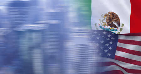 Composition of mexican and american flag billowing together with blue blurred cityscape. patriotism, independence, partnership and celebration concept digitally generated image.の写真素材