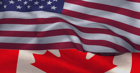 Composition of american and canadian flags billowing together. patriotism, independence and celebration concept digitally generated image.の写真素材