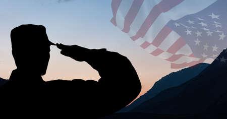 Composition of silhouette of saluting soldier against dusk sky with billowing american flag. patriotism, independence and celebration concept digitally generated image.の写真素材