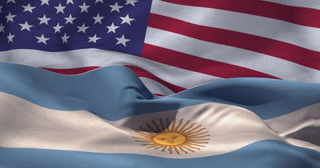 Composition of argentinan and american flag billowing together. patriotism, independence, partnership and celebration concept digitally generated image.の写真素材