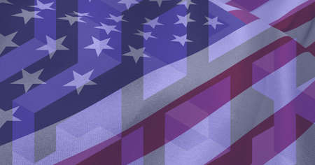 Composition of american flag over geometric purple pattern. patriotism, independence and celebration...