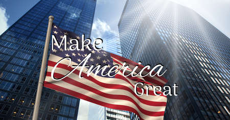 Composition of text make america great over billowing american flag with skyscrapers and sunny sky. patriotism, independence and celebration concept digitally generated image.の写真素材