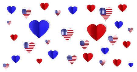 Composition of blue, red and american flag heart shapes floating on white background. patriotism, independence and celebration concept digitally generated image.の写真素材