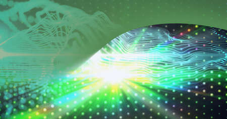 Digitally generated image of digital waves and rows of dots against green technology background....
