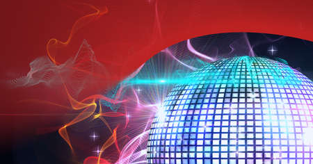 Digitally generated image of digital waves and disco ball against red technology background....