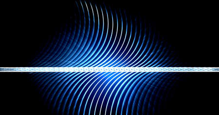 Digitally generated image of blue wavy light trails against black background. technology background...