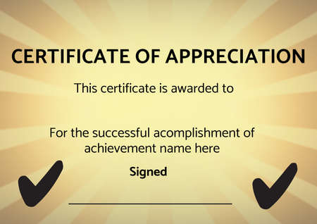 Template of certificate of appreciation with copy space against yellow radial background. certificate template design conceptの写真素材