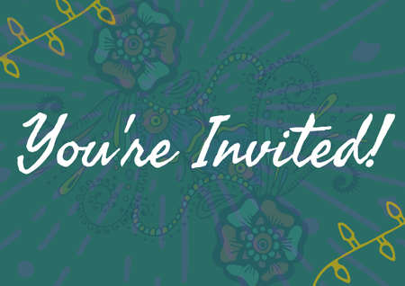 You are invited text against colorful floral designs on green background. invitation card background...