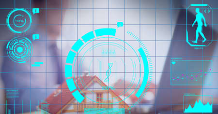 Digital interface with medical data processing against businessman using laptop. computer interface...